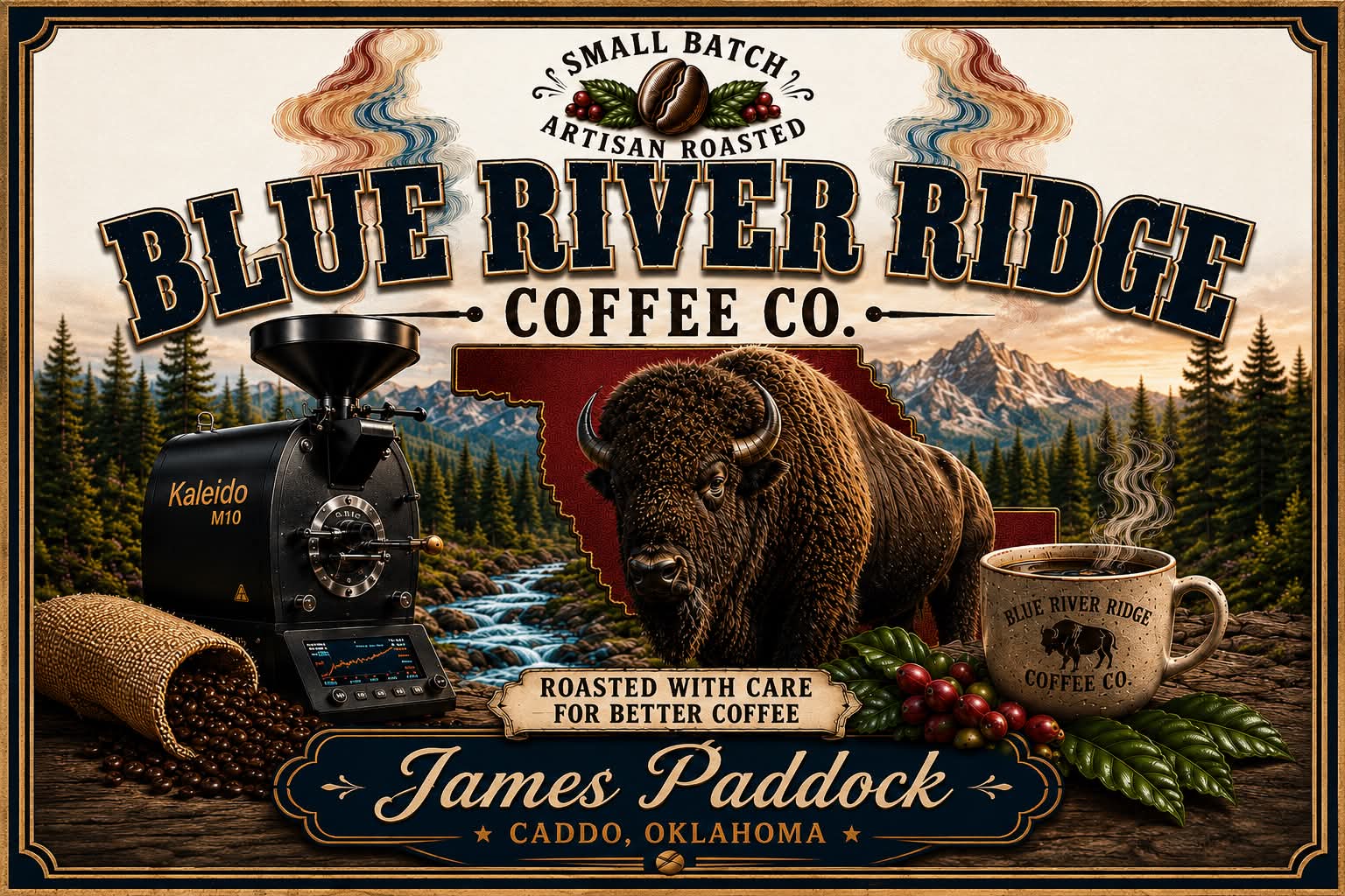 Blue River Ridge Coffee Company artwork with a bison, Oklahoma outline, river, Kaleido M10 roaster, and James Paddock